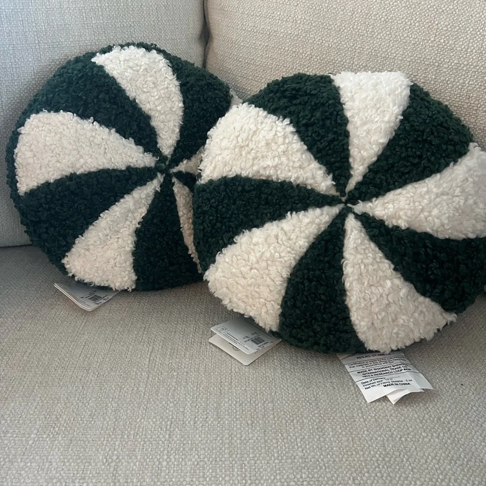 2 New Pottery Barn Cozy Teddy Peppermint Twist Candy Shaped Christmas Pillows